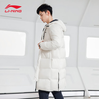 李宁（LI-NING）灰色长款连帽羽绒服男logo小标秋冬季防风保暖运动外套男 香槟白（大LOGO-加厚保暖） XS