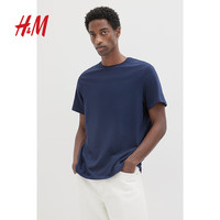 H&M男装T恤2025年春季简约休闲宽松修身圆领短袖打底衫0685816 深蓝色 185 XS 165/84