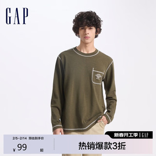 GAP男女装2024初秋棉质logo明线拼接口袋长袖T恤上衣636871 175/96A(L)亚洲尺码 军绿色