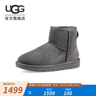 UGG 女士休闲舒适平底圆头纯色保暖经典迷你短靴雪地靴 1016222 灰色 40