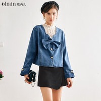 Olrain法式牛仔蓝短外套女秋秋设计感蝴蝶结花瓣领上衣基础休闲 牛仔蓝 165/88A/L