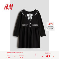H&M童装女童裙子2024冬季圣诞蝴蝶结可爱印花长袖连衣裙1245392 黑色 90 52