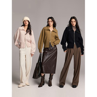 初棉翻领双开拉链开衫 24冬季重磅保暖针织毛衣外套100绵羊毛衫女 经典黑 XL