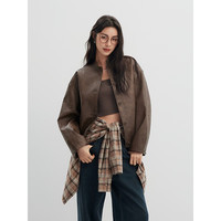 初棉复古立领皮衣外套女做旧 24秋冬重工落肩pu皮夹克机车服 黑灰色 M