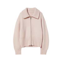 初棉翻领双开拉链开衫毛衣女秋冬 重磅保暖针织毛衣外套100绵羊毛 奶杏粉 M