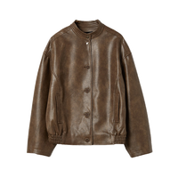 初棉复古立领皮衣外套女做旧 24冬季重工落肩pu皮夹克机车服 棕色 S