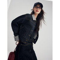 初棉轻复古拼接牛仔外套女 24秋冬撞色设计感全棉牛仔短上衣 原牛色 L