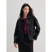 初棉工装风皮衣小翻领pu夹克24冬季复古箱型机车短外套拼接设计 棕色 XL