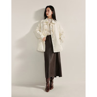 茵曼（INMAN）新中式重磅提花盘扣羽绒服2024冬女装衬衫领宽松保暖外套 田园杏 M