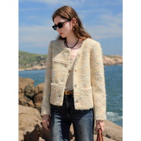 三彩三彩女装2024冬季新款香风绵羊毛圈圈呢大衣短款绗棉毛呢外套女