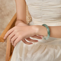 中国黄金(CHINA GOLD)天山翠手镯女金丝玉手镯翠绿拉丝手镯女款石岩玉石手镯 【58圈口】