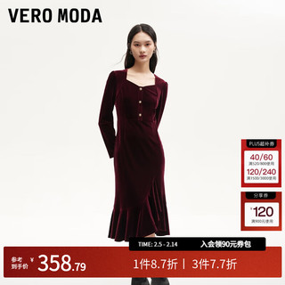 VERO MODA VEROMODA连衣裙2024秋季女装天鹅绒拼接网纱鱼尾长裙钻石领东方简奢风 长袖丝绒裙-威诺红色 180/96A/XXL