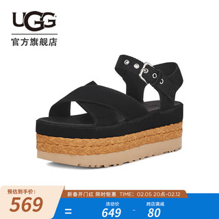 UGG 夏季女士休闲舒适厚底可调式脚踝搭扣束带时尚凉鞋1152711 黑色 37