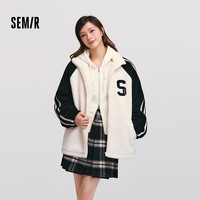 森马 Semir外套女插肩袖拼色仿羊羔毛冬季学院风立领宽松字母衣服时尚 白黑色调00319 XXXL 180/100A