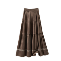 她池复古半身裙2024秋装女装松紧腰蕾丝拼接中长款A字裙 M