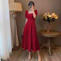 HJZH连衣裙2024夏ins茶歇裙气质方领过膝长款赫本风胖mm高级感 红色 L