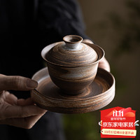 兿凡臻品 仿古柴烧盖碗陶瓷三才碗茶盏三才杯泡茶碗功夫茶具茶道配件 仿古柴烧盖碗-影白 180ML