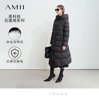 AMII 2024冬新款温暖连帽石墨烯里布长款羽绒服女皮牌装饰上衣外套 黑色 160/84A/M