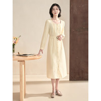 茵曼（INMAN）春女时尚通勤提花肌理方领连衣裙 浅黄色 XL