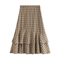 复古格子半身裙女春秋新装松紧高腰不规则裙摆鱼尾长裙子