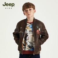 Jeep 童装男童外套2024冬季新款加绒防寒保暖复古机车飞行绒皮夹克