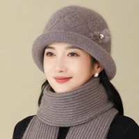 浩冠秋冬季帽子女中老年人棉老人帽保暖加厚绒兔毛针织毛线帽 卡其色 单帽子