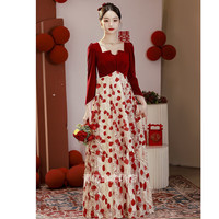 品莠 敬酒服新娘平时可穿婚纱敬酒服订婚衣服女大码孕妇敬酒服新娘长袖 酒红色长款 6xl