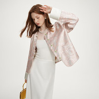 范思蓝恩东方简奢风新中式暗纹提花圆领外套2024秋女撞色盘口短外套 鎏金粉 XS