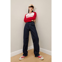 太平鸟女装复古高腰阔腿牛仔裤直筒裤 牛仔深蓝秋冬款 S 