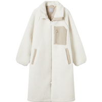 对白仿羊羔毛中长款毛绒大衣女2024冬新款设计感撞色保暖夹棉外套