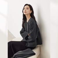 对白100%羊毛短款双面呢斗篷外套女2024冬高级感围巾毛呢大衣 冰河灰 L