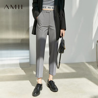 AMII线雕裤子职业休闲裤秋季宽松直筒裤高腰九分薄款西装裤女 灰色 170/76A/XL