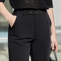 AMII线雕裤子职业休闲裤秋季宽松直筒裤高腰九分薄款西装裤女 黑色 155/64A/S