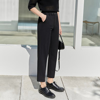 AMII线雕裤子职业休闲裤秋季宽松直筒裤高腰九分薄款西装裤女 黑色 170/76A/XL