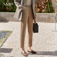 AMII线雕裤子职业休闲裤秋季宽松直筒裤高腰九分薄款西装裤女 卡其 160/68A/M
