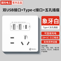 国际电工 fdd 86型20W快充USB插座开关面板墙壁手机充电Type-c家用五孔 五孔2.1A双USB+type-c