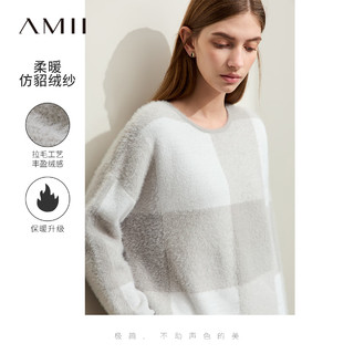 AMII2024冬新款温暖柔糯圆领撞色格纹仿貂绒毛衣女宽松落肩袖上衣