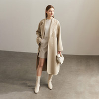 AMII冬配腰带长款高开衩全羊毛双面毛呢织领边装饰外套 杏仁白 160/84A/M