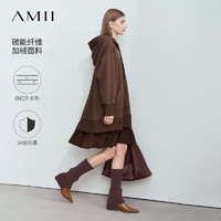 AMII 2024冬新款连帽假两件拼接拉链装饰连衣裙女字母刺绣卫衣裙子 可可棕 S