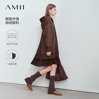 AMII2024冬新款连帽假两件拼接拉链装饰连衣裙女字母刺绣卫衣裙子 可可棕