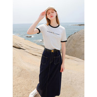 三彩2024夏季复古牛仔半身裙高腰开叉一步裙长裙简约休闲女 深海蓝 M 160/68A 160/68A/M