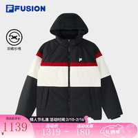 FILA FUSION斐乐潮牌情侣款棉服休闲宽松拼色连帽外套 正黑色-BK