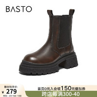 BASTO 2024冬季时尚街头烟筒靴粗跟女中靴C2104DZ4 酒红色 36