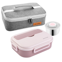美厨（maxcook）304不锈钢饭盒 微波炉饭盒4格保温饭盒配餐具袋子 MCFT5678 304樱花粉4格 配餐具袋子