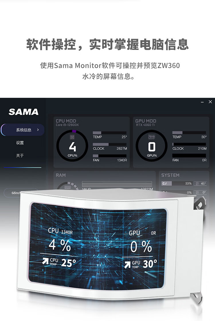 先马（SAMA）ZW360W无风扇白色水冷cpu散热器6.8英寸OLED曲面屏