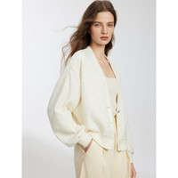 ELLE米白色重工刺绣V领卫衣开衫外套女2025春时尚设计感上衣 米白 L