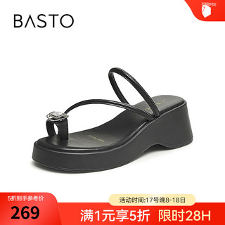 BASTO 2024夏季时尚简约休闲户外夹趾粗高跟女拖鞋M2032BT4 黑色 39