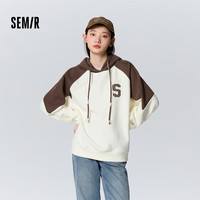 森马 Semir卫衣女拼色插肩袖加绒宽松上衣时尚冬季字母连帽套头衫复古风 白咖色调00315 M 160/84A 160/84A/M