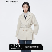 圣迪奥 S.DEER 2021冬季休闲双排扣毛呢大衣短款通勤女装S21461701 浅红棕/49