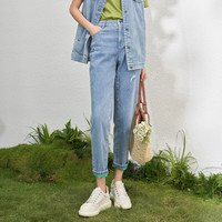 春夏浅色磨烂工艺时尚潮流设计感牛仔裤九分直筒裤子女